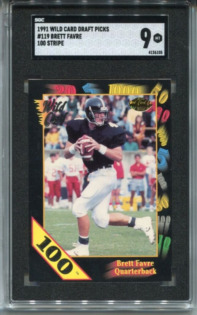 Most Valuable Brett Favre Rookie Cards is 1991 Wild Card Brett Favre Rookie Card with a 100 Stripe Parallel (#119)